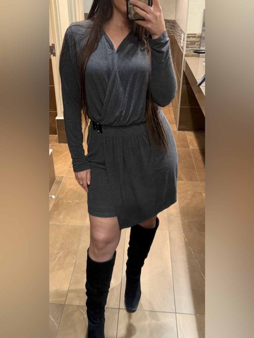 🩶WHBM DARK GREY FAUX WRAP DRESS WITH LEATHER DETAIL - size 8 🩶 SEE DESCRIPTION